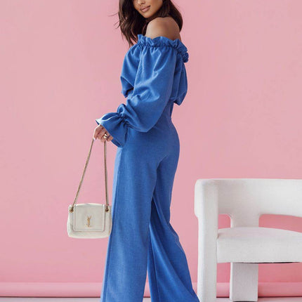 Elegant Two-Piece Women's Set with Spanish Neckline Blouse and High-Waisted Trousers - MimiStylez