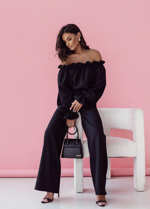 Elegant Two-Piece Women's Set with Spanish Neckline Blouse and High-Waisted Trousers - MimiStylez