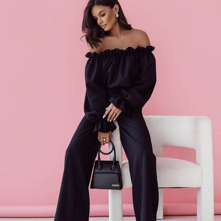 Elegant Two-Piece Women's Set with Spanish Neckline Blouse and High-Waisted Trousers - MimiStylez
