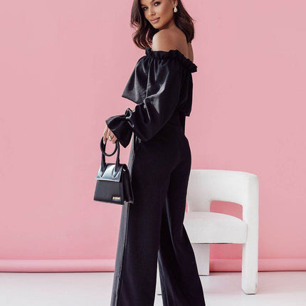 Elegant Two-Piece Women's Set with Spanish Neckline Blouse and High-Waisted Trousers - MimiStylez