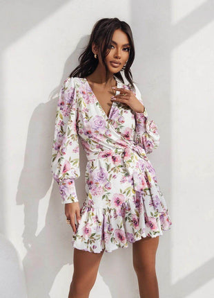 Short Wrap Dress with Sweetheart Neckline, Waist Tie & Ruffle Hem - MimiStylez