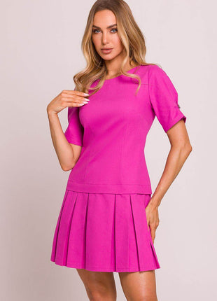 Cotton Mini Dress with Lowered Waist, Pleated Hem & Buttoned Sleeves - MimiStylez