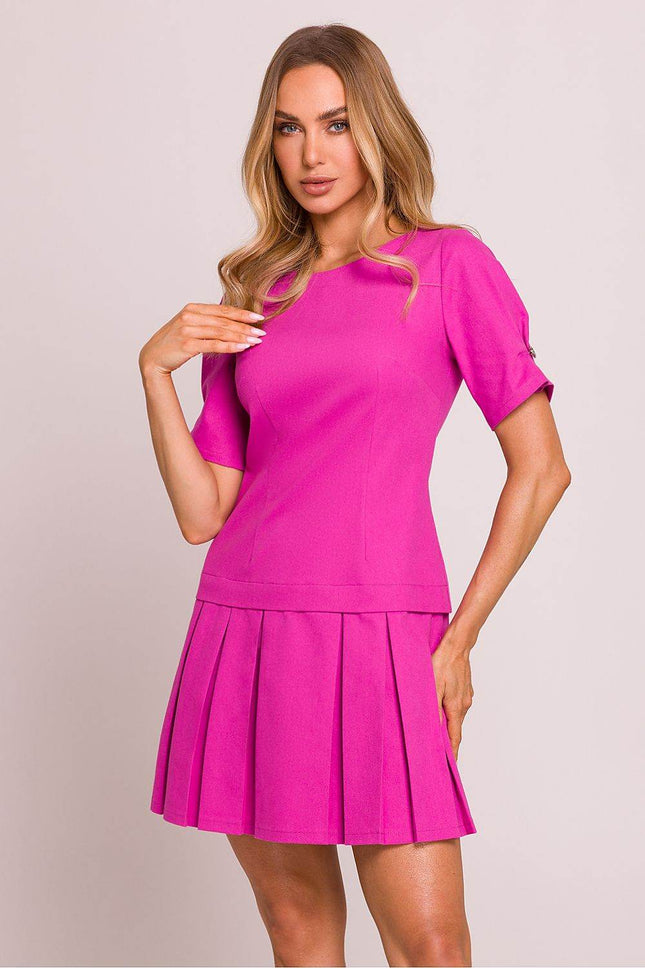 Cotton Mini Dress with Lowered Waist, Pleated Hem & Buttoned Sleeves - MimiStylez