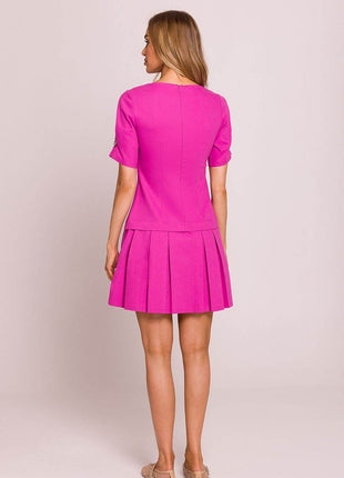 Cotton Mini Dress with Lowered Waist, Pleated Hem & Buttoned Sleeves - MimiStylez