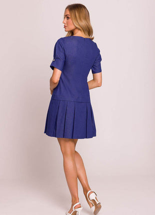 Cotton Mini Dress with Lowered Waist, Pleated Hem & Buttoned Sleeves - MimiStylez
