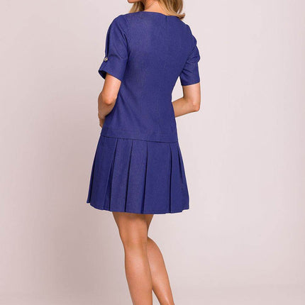 Cotton Mini Dress with Lowered Waist, Pleated Hem & Buttoned Sleeves - MimiStylez