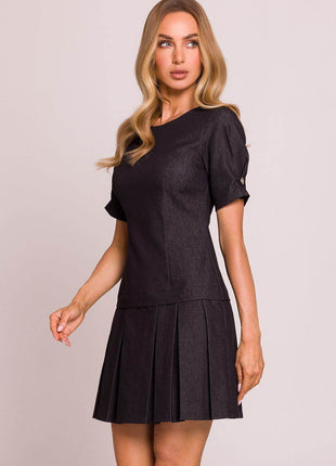 Cotton Mini Dress with Lowered Waist, Pleated Hem & Buttoned Sleeves - MimiStylez