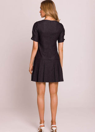 Cotton Mini Dress with Lowered Waist, Pleated Hem & Buttoned Sleeves - MimiStylez