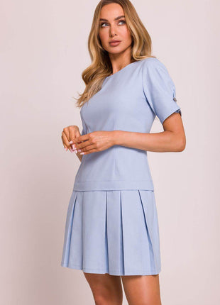 Cotton Mini Dress with Lowered Waist, Pleated Hem & Buttoned Sleeves - MimiStylez