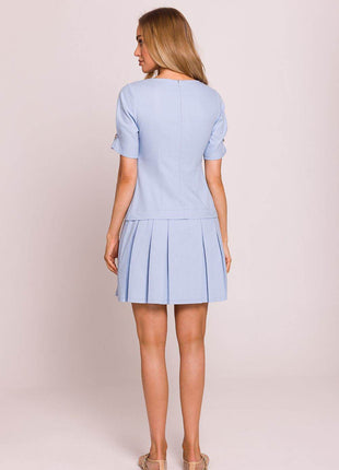 Cotton Mini Dress with Lowered Waist, Pleated Hem & Buttoned Sleeves - MimiStylez