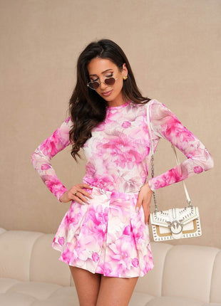 Elegant Tulle Blouse & Pleated Skirt Shorts Set with Colorful Floral Print - MimiStylez