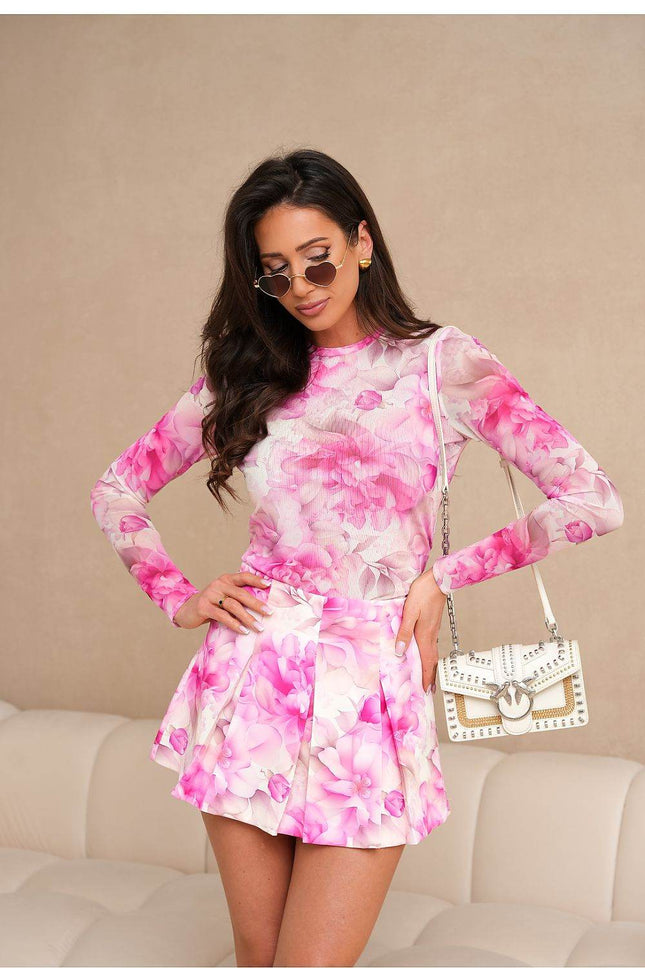 Elegant Tulle Blouse & Pleated Skirt Shorts Set with Colorful Floral Print - MimiStylez