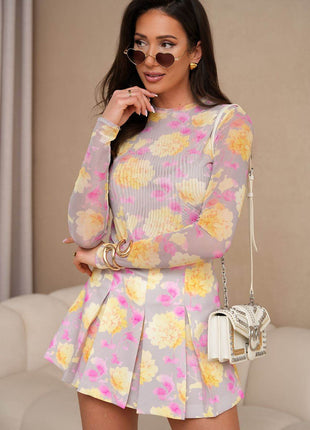 Elegant Tulle Blouse & Pleated Skirt Shorts Set with Colorful Floral Print - MimiStylez