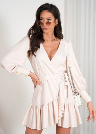 Short Wrap Dress with Sweetheart Neckline, Waist Tie & Ruffle Hem - MimiStylez