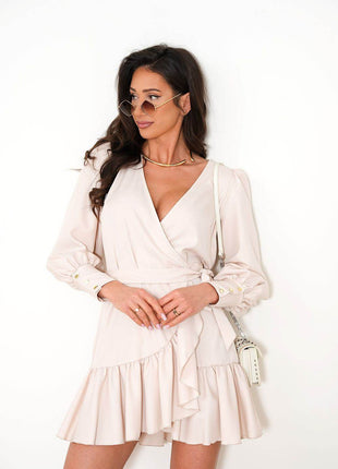 Short Wrap Dress with Sweetheart Neckline, Waist Tie & Ruffle Hem - MimiStylez