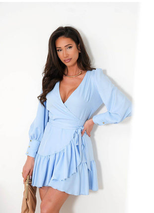 Short Wrap Dress with Sweetheart Neckline, Waist Tie & Ruffle Hem - MimiStylez