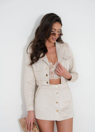 Chic Women's Set – Classic Snap-Front Jacket & Skirt Shorts with Overlap Detail - MimiStylez