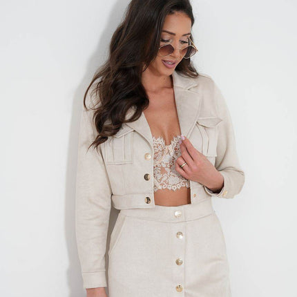 Chic Women's Set – Classic Snap-Front Jacket & Skirt Shorts with Overlap Detail - MimiStylez