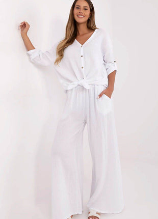 Light Cotton Muslin Palazzo Trousers – Wide-Leg, High-Waist Pants with Pockets - MimiStylez