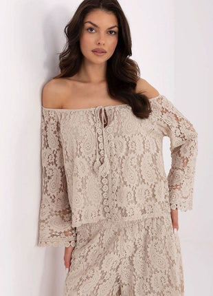Elegant Lace Blouse with Spanish Neckline and Waist Tie - MimiStylez