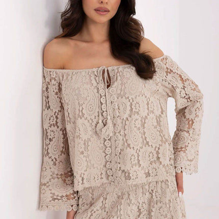 Elegant Lace Blouse with Spanish Neckline and Waist Tie - MimiStylez