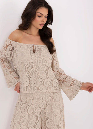 Elegant Lace Blouse with Spanish Neckline and Waist Tie - MimiStylez
