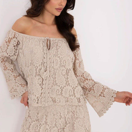 Elegant Lace Blouse with Spanish Neckline and Waist Tie - MimiStylez