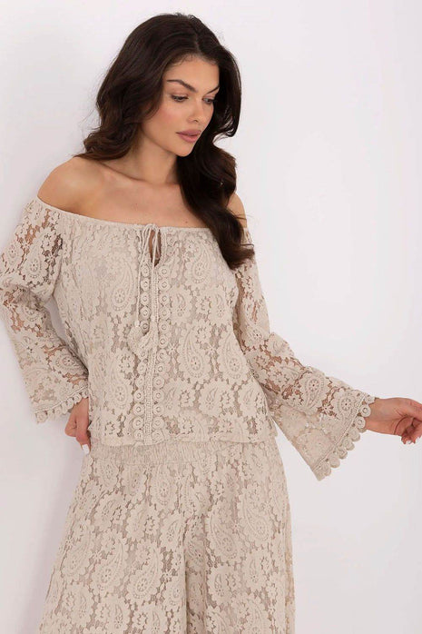 Elegant Lace Blouse with Spanish Neckline and Waist Tie - MimiStylez