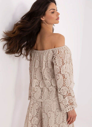 Elegant Lace Blouse with Spanish Neckline and Waist Tie - MimiStylez