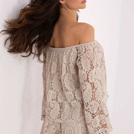 Elegant Lace Blouse with Spanish Neckline and Waist Tie - MimiStylez