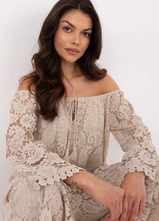 Elegant Lace Blouse with Spanish Neckline and Waist Tie - MimiStylez