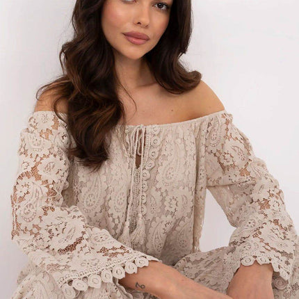 Elegant Lace Blouse with Spanish Neckline and Waist Tie - MimiStylez