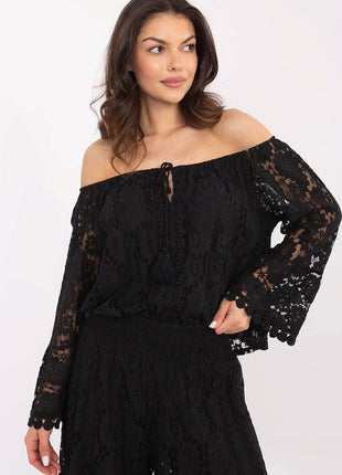 Elegant Lace Blouse with Spanish Neckline and Waist Tie - MimiStylez