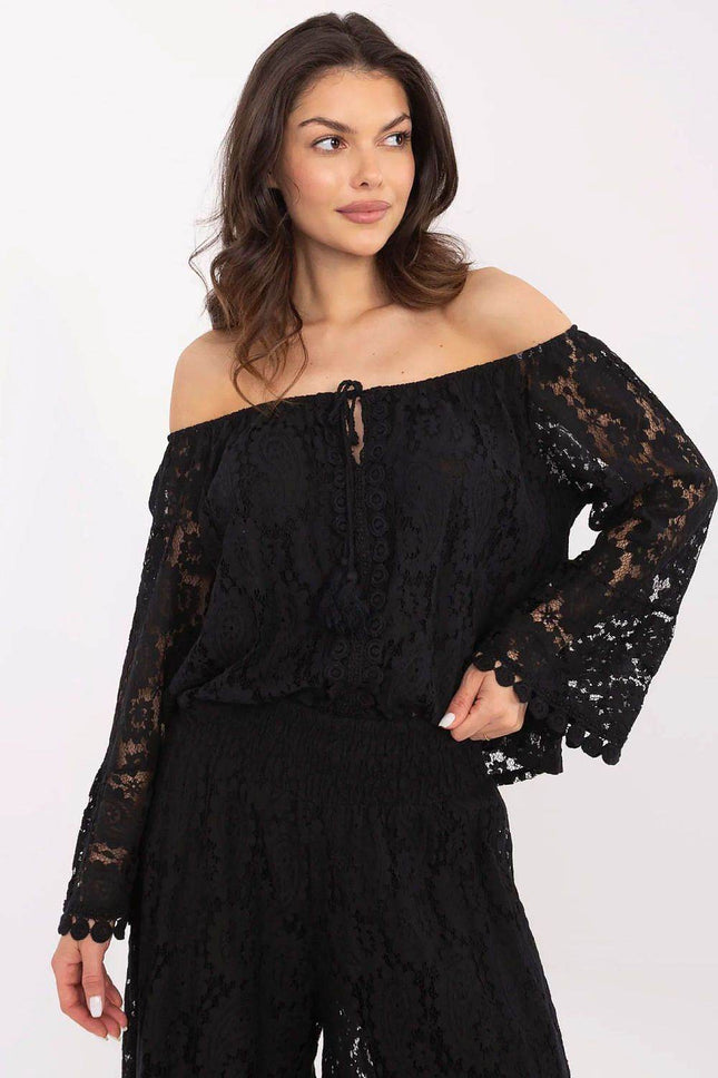 Elegant Lace Blouse with Spanish Neckline and Waist Tie - MimiStylez