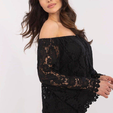 Elegant Lace Blouse with Spanish Neckline and Waist Tie - MimiStylez