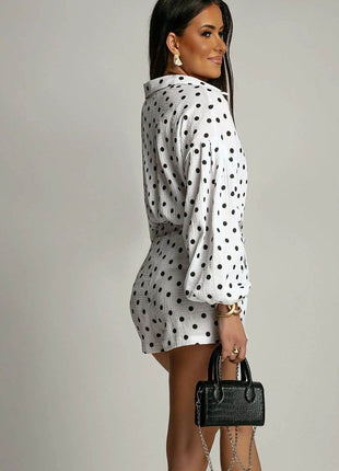 Two-Piece Muslin Set – Black Polka Dot Shirt with Tie-Waist Shorts - MimiStylez