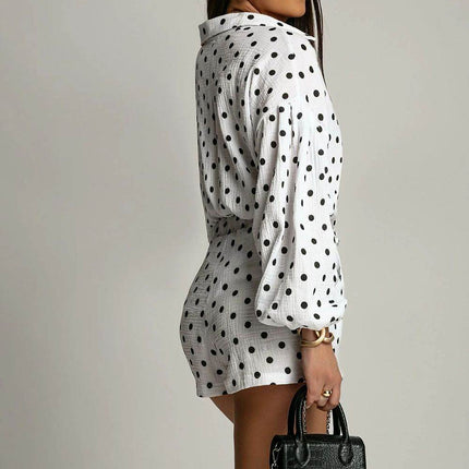 Two-Piece Muslin Set – Black Polka Dot Shirt with Tie-Waist Shorts - MimiStylez