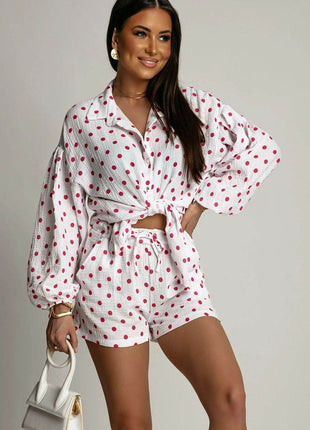 Two-Piece Muslin Set – Black Polka Dot Shirt with Tie-Waist Shorts - MimiStylez