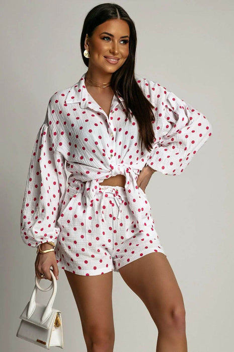 Two-Piece Muslin Set – Black Polka Dot Shirt with Tie-Waist Shorts - MimiStylez