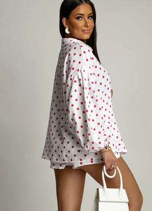 Two-Piece Muslin Set – Black Polka Dot Shirt with Tie-Waist Shorts - MimiStylez