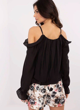 Elegant Off-the-Shoulder Blouse with Ruffled Sleeves and Floral Brooch - MimiStylez
