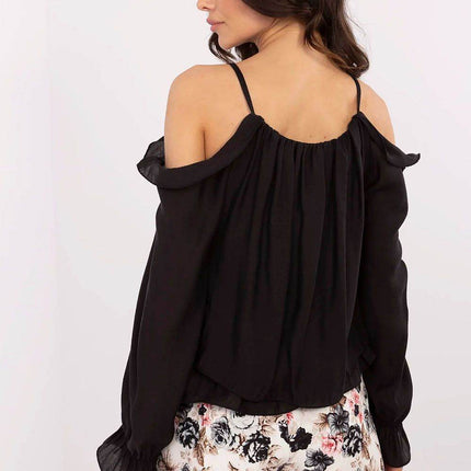 Elegant Off-the-Shoulder Blouse with Ruffled Sleeves and Floral Brooch - MimiStylez