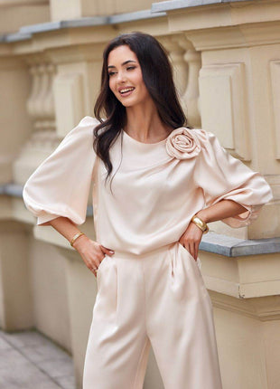 Satin Blouse with Rose Detail & Flowy 3/4 Sleeves – Chic & Comfortable - MimiStylez