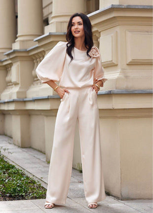 Satin Blouse with Rose Detail & Flowy 3/4 Sleeves – Chic & Comfortable - MimiStylez