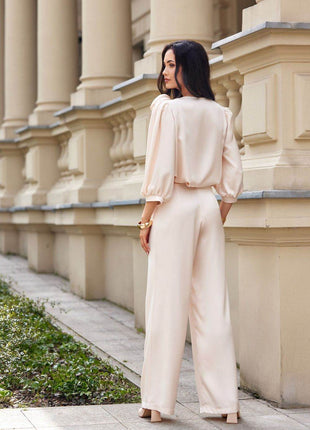 Satin Blouse with Rose Detail & Flowy 3/4 Sleeves – Chic & Comfortable - MimiStylez