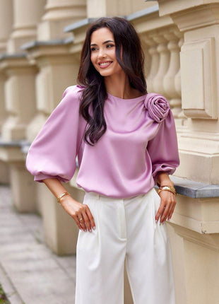 Satin Blouse with Rose Detail & Flowy 3/4 Sleeves – Chic & Comfortable - MimiStylez