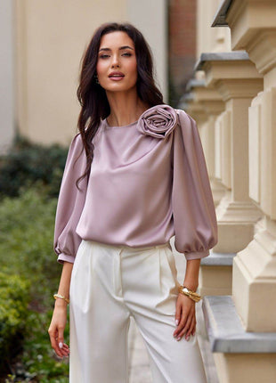 Satin Blouse with Rose Detail & Flowy 3/4 Sleeves – Chic & Comfortable - MimiStylez