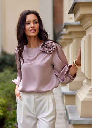 Satin Blouse with Rose Detail & Flowy 3/4 Sleeves – Chic & Comfortable - MimiStylez