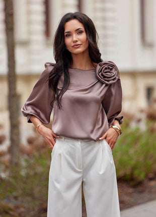 Satin Blouse with Rose Detail & Flowy 3/4 Sleeves – Chic & Comfortable - MimiStylez
