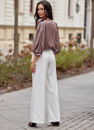 Satin Blouse with Rose Detail & Flowy 3/4 Sleeves – Chic & Comfortable - MimiStylez